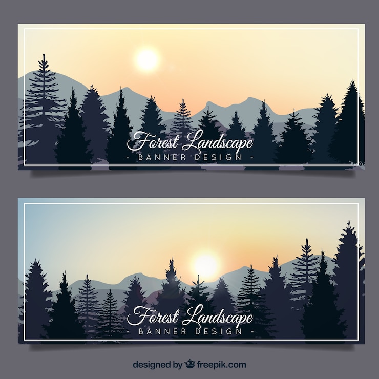 Gratis Vector banners met bomen op een prachtig landschap