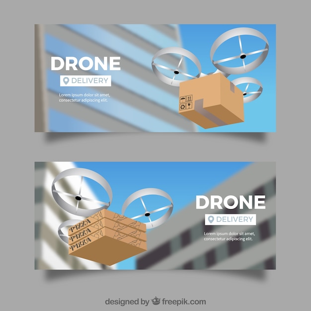Gratis vector banners met drones die pakket leveren