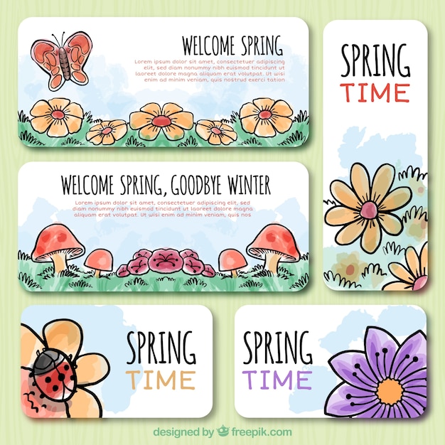 Banners met waterverf tekeningen van de lente