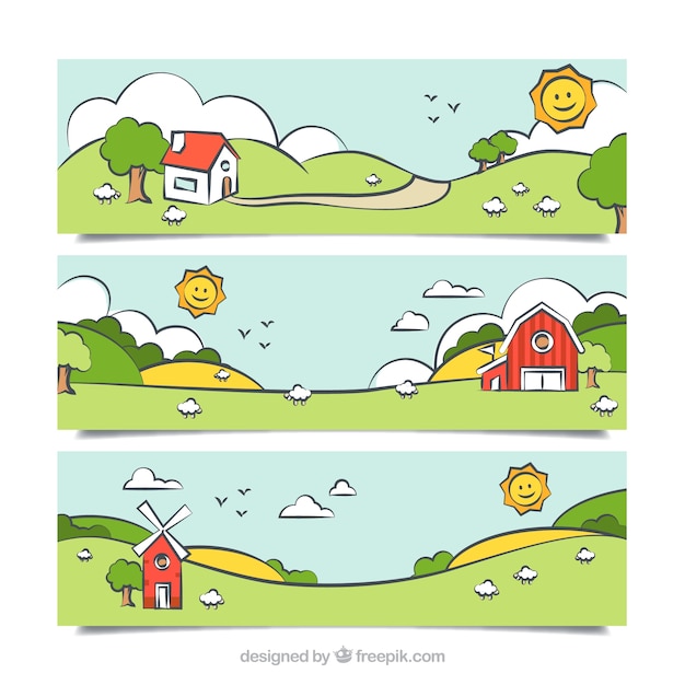 Gratis vector banners set van de hand getekende boerderij