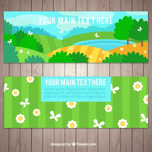 Gratis vector banners van de bloem en een prachtig landschap