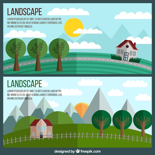 Gratis vector banners van de huizen in het veld in plat design