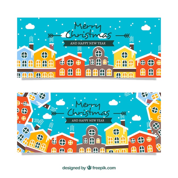 Gratis vector banners van kerst huizen in platte ontwerp