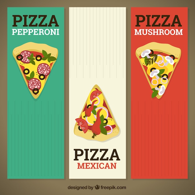 Banners van kleuren Italiaanse vlag met pizza stukken