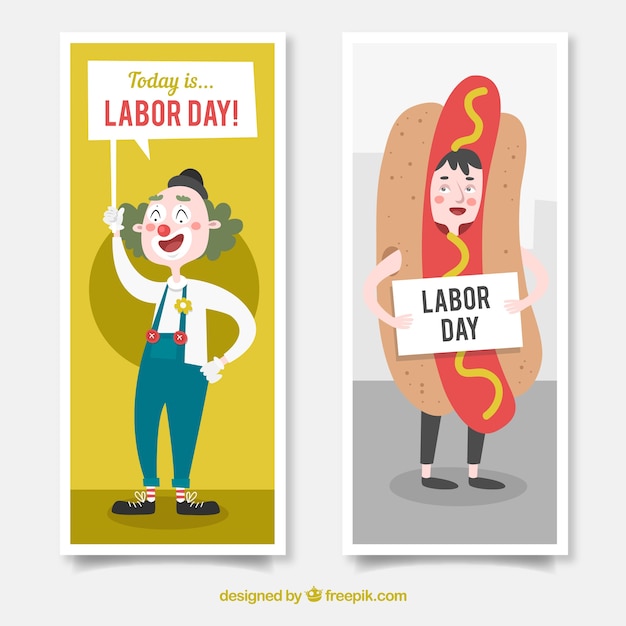 Banners voor arbeidsdag met hotdog en clown