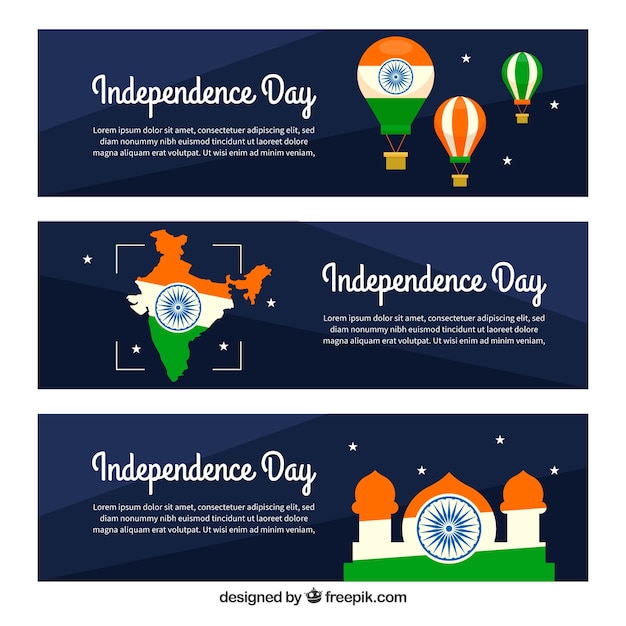 Gratis vector banners voor de onafhankelijkheidsdag van india met vlak ontwerp