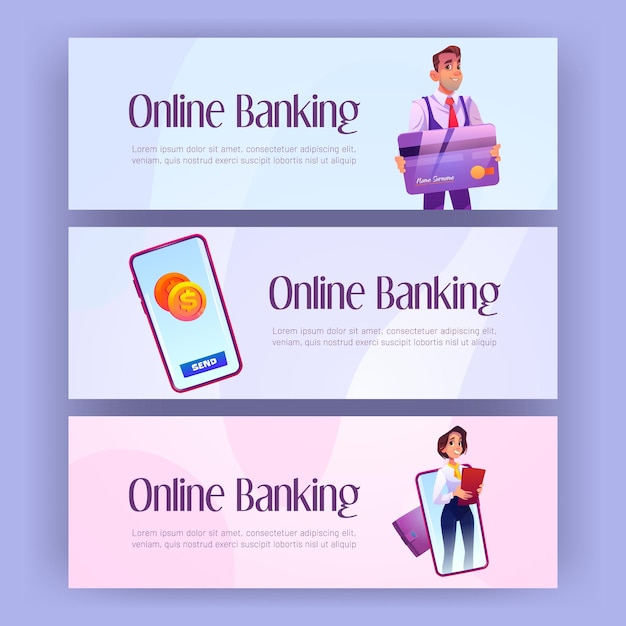 Gratis vector banners voor online bankieren met bank-app op telefoon