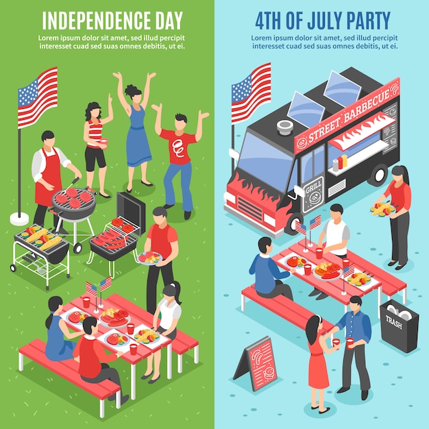 Gratis vector barbecue banner set van 4 juli