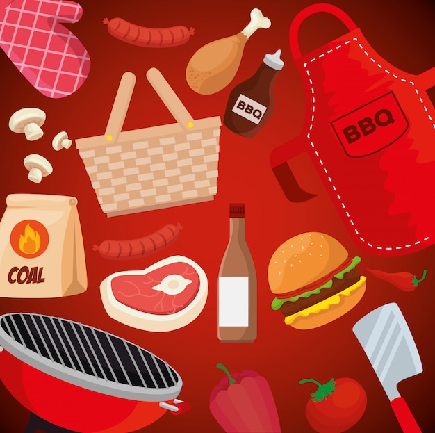 Barbecue eten en gebruiksvoorwerpen illustratie