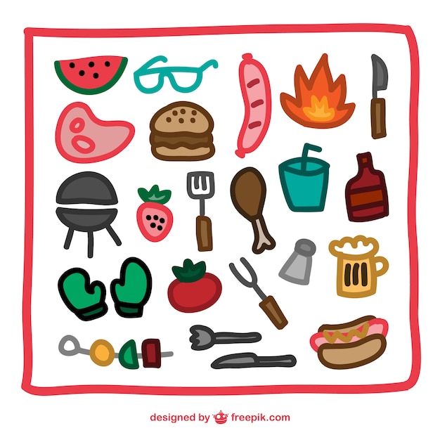 Barbecue hand getekende iconen