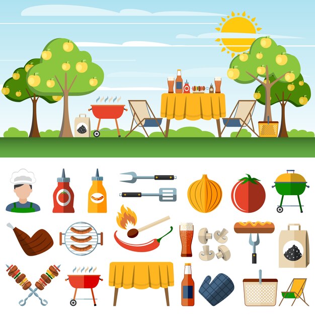 Barbecue picknick pictogrammen compostion banners