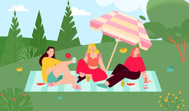 Gratis vector barbecue vlakke afbeelding met drie jonge meisjes die picknicken op gras buiten illustratie