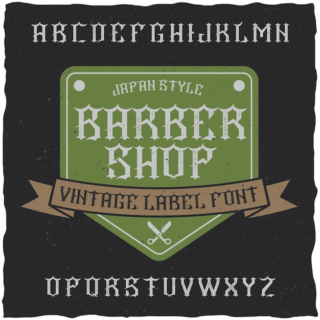 Barber shop label lettertype en voorbeeld labelontwerp met decoratie en lint.