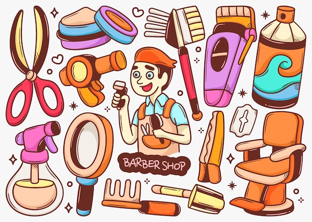 Barbershop Doodle Handgetekende Kleur Vector Collectie