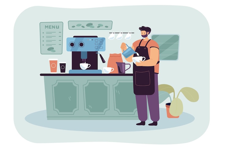 Gratis Vector barista met schort die opgeklopte melk in espresso giet