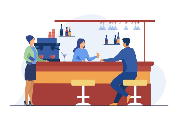 Gratis Vector barman glas bier geven aan mannelijke klant. drankje, beheerder, toog platte vectorillustratie. alcoholische dranken en service