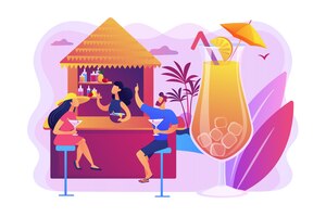 Gratis vector barman in strandbar en toeristen cocktails drinken in tropisch resort, kleine mensen. strandbar, restaurant aan zee, serviceconcept voor strandclubs.