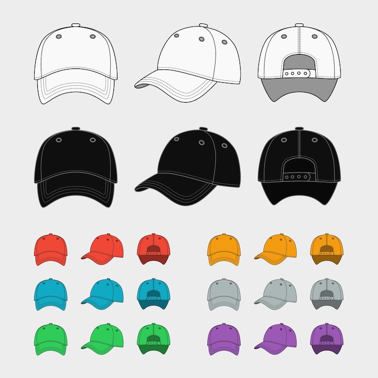 Gratis Vector baseballcap vector sjabloon set. uniforme mode, blanco hoed, design sportkleding.