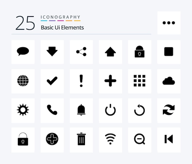 Gratis vector basic ui elements 25 solid glyph icon pack inclusief inlogbeveiliging share lock-up