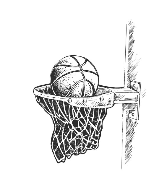 Basketbal mand geschoten hoepel spel Hand getrokken schets vectorillustratie