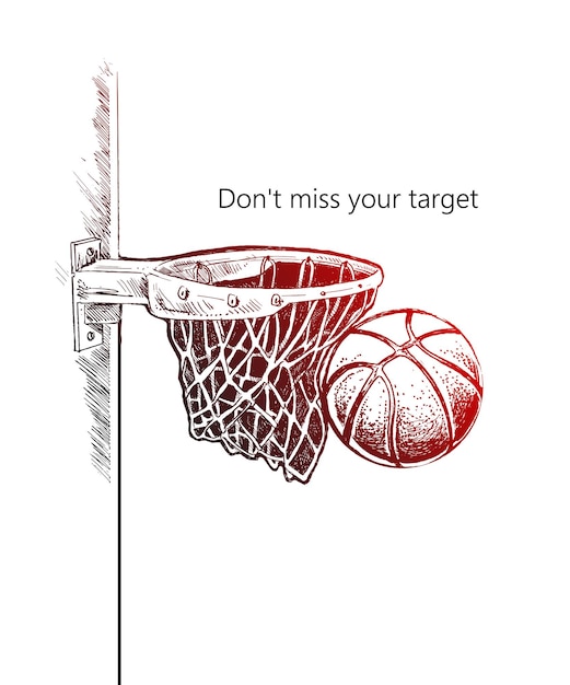 Basketbal mand geschoten hoepel spel hand getrokken schets vectorillustratie