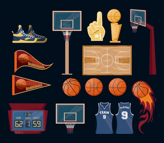 Gratis vector basketbal sport spel set items