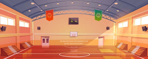 Gratis vector basketbalveld met hoepel, tribune en scorebord