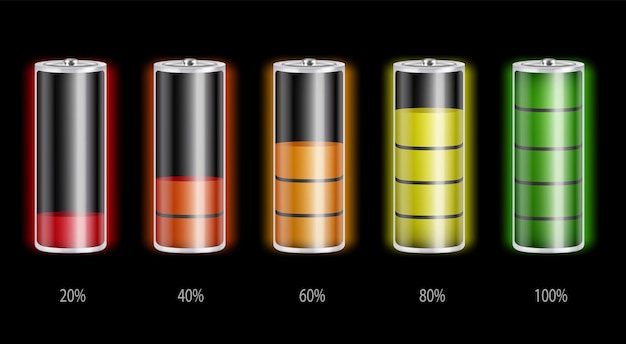 Batterijen met verschillende laadniveaus realistische set geïsoleerd op zwarte achtergrond vectorillustratie