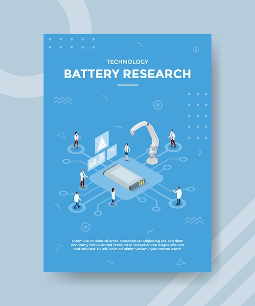 Batterijonderzoek technologieconcept voor sjabloonbanner en flyer met isometrische stijlvector