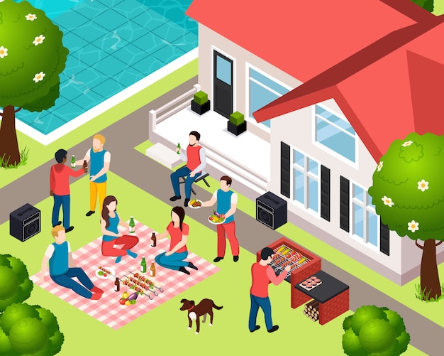 BBQ-grill picknick isometrische samenstelling met gezelschap van vrienden op het feest in de achtertuin