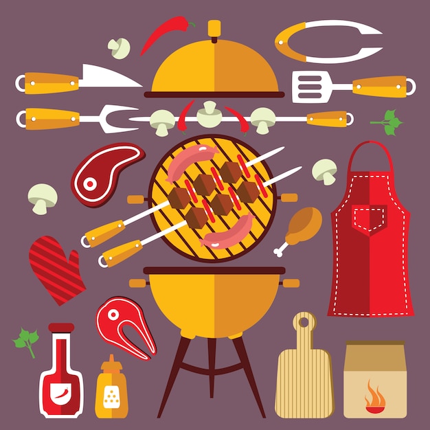 Gratis vector bbq plat pictogrammen concept set