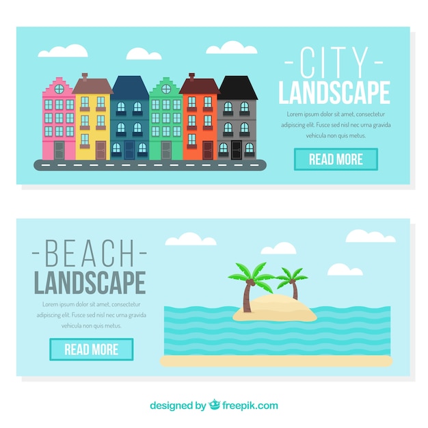 Gratis vector beach banners en gevels van huizen in plat design