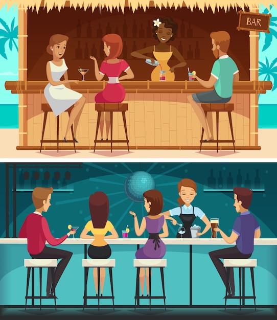 Gratis vector beach bar en avond bar cartoon horizontale banners