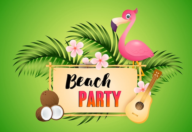 Beach party belettering met flamingo, ukelele en kokosnoot