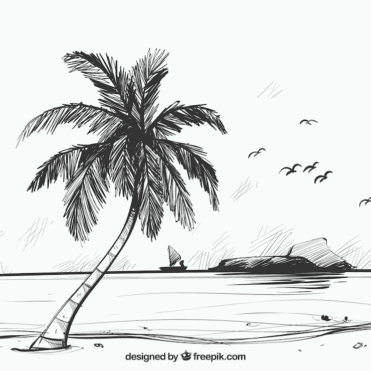 Gratis Vector beach schets achtergrond met palmboom