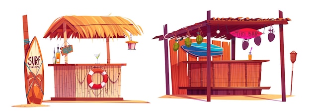 Gratis vector beach tiki bar en staande surfplank