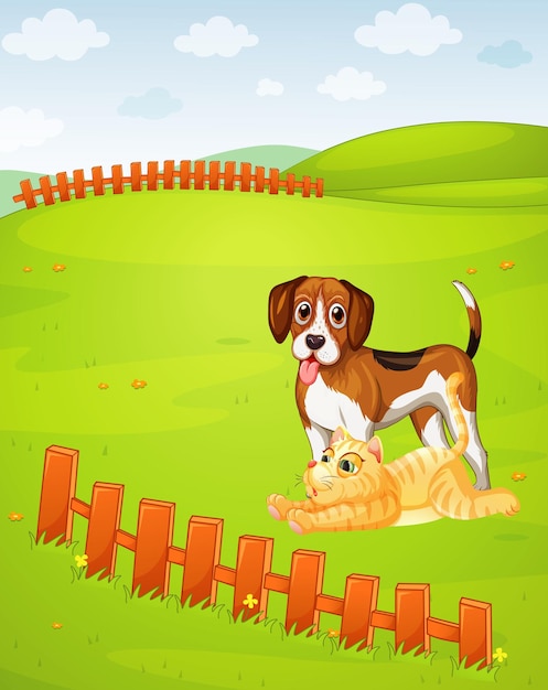 Gratis vector beagle hond en kat op de weide