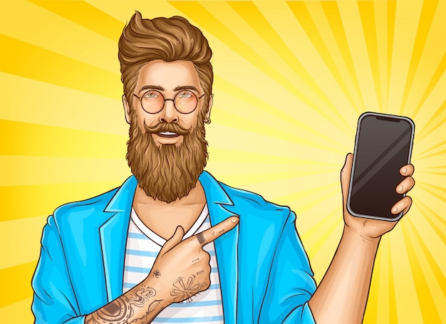 Gratis vector bebaarde hipster met tatoeages wijzen op smartphone