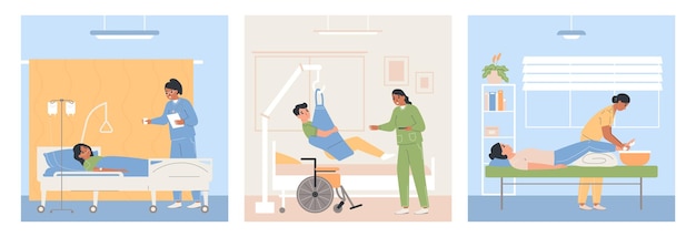 Gratis vector bedlegerige zorg platte set van drie geïsoleerde composities met uitzicht op ziekenhuisafdeling met menselijke karakters vectorillustratie