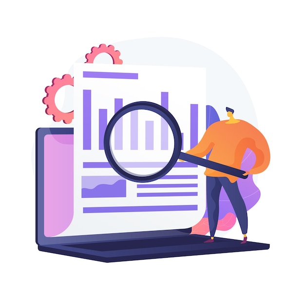 Bedrijf jaarverslag analyseren. Bedrijfsanalyse, diagramanalyse, statistieken. Werknemer bedrijf vergrootglas mannelijke stripfiguur.
