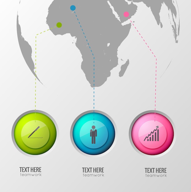 Gratis vector bedrijfs infographic ontwerpconcept met drie glanzende cirkelknoppen en lijnen wijzen locaties op de illustratie van de aardebol