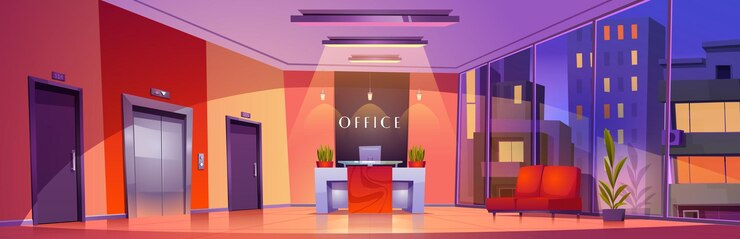 Gratis Vector bedrijfskantoor interieur met meubilair 's nachts vector cartoon illustratie van hal met deuren lift computer op receptie stoelen voor gasten in wachtruimte stadslichten gezien door glas