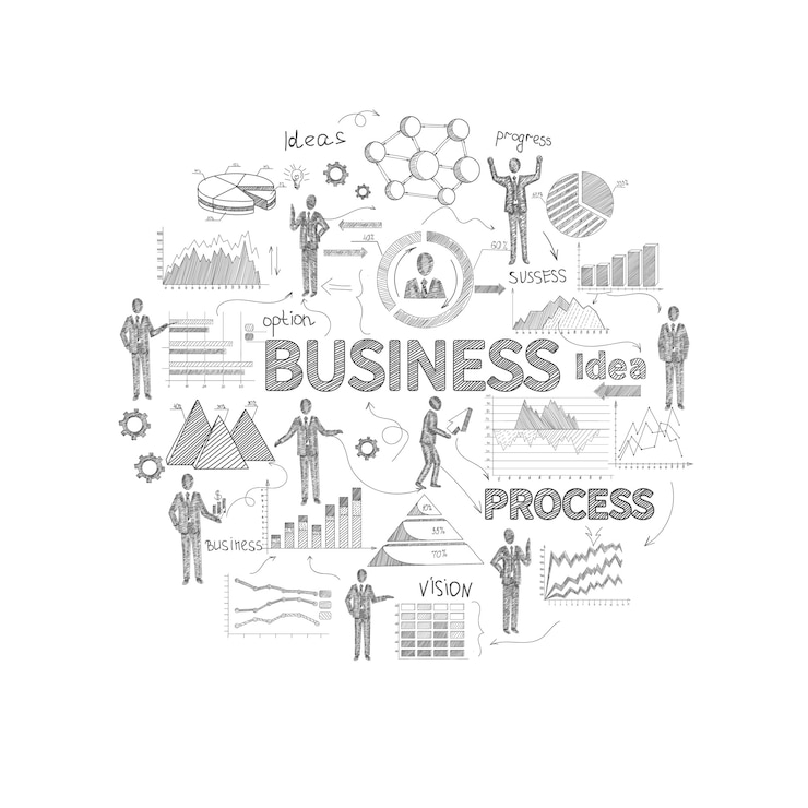 Gratis Vector bedrijfsprocesconcept met schetspersoneel en de grafieken van het financiënrapport