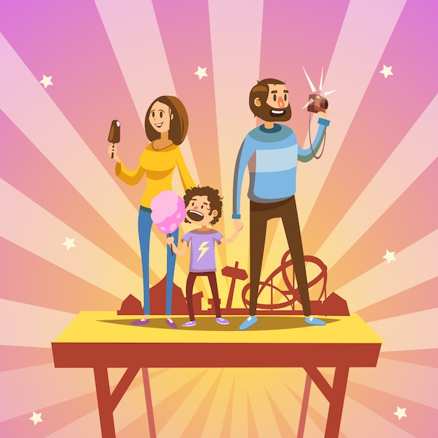 Gratis vector beeldverhaal gelukkige familie in pretpark met retro stijlaantrekkelijkheden op achtergrond