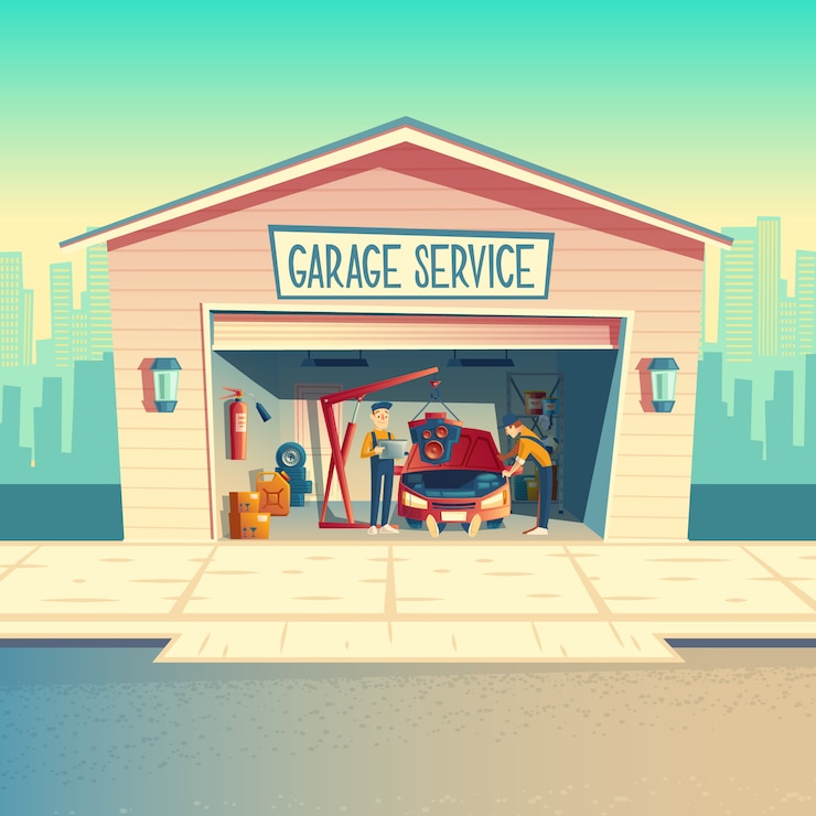 Gratis Vector beeldverhaalworkshop met mechanische bemanning die motor installeert. auto repareren, voertuig in garage bevestigen