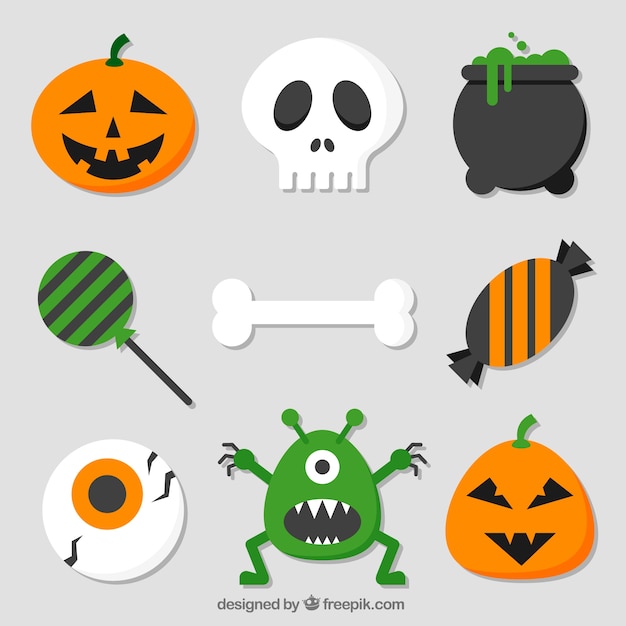 Gratis vector beenpakket met andere halloween elementen in plat ontwerp