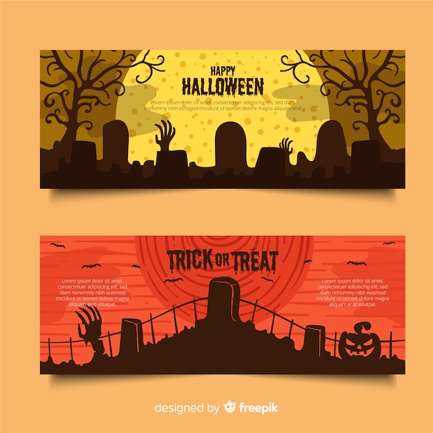 Begraafplaatsen op een volle maan nacht plat halloween banners