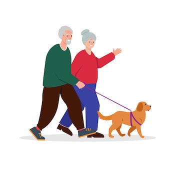 Bejaard senior oud echtpaar wandelen met hond actieve en gezonde levensstijl van gepensioneerde ouderen