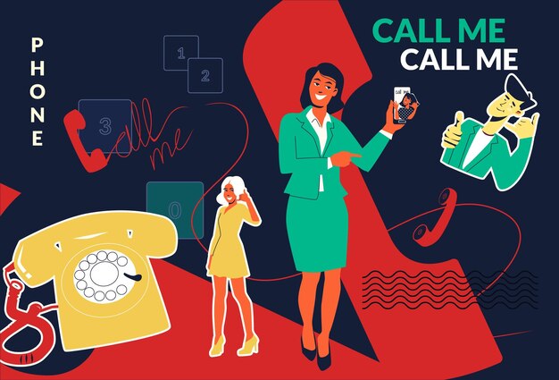 Bel me telefoon platte collage samenstelling abstracte situatie vrouwen en mannen vragen om ze te bellen voor de telefoon vector illustratie