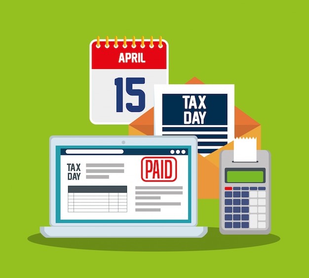 Belastingdag 15 april. Laptop met servicebelastingrapport en datafoon